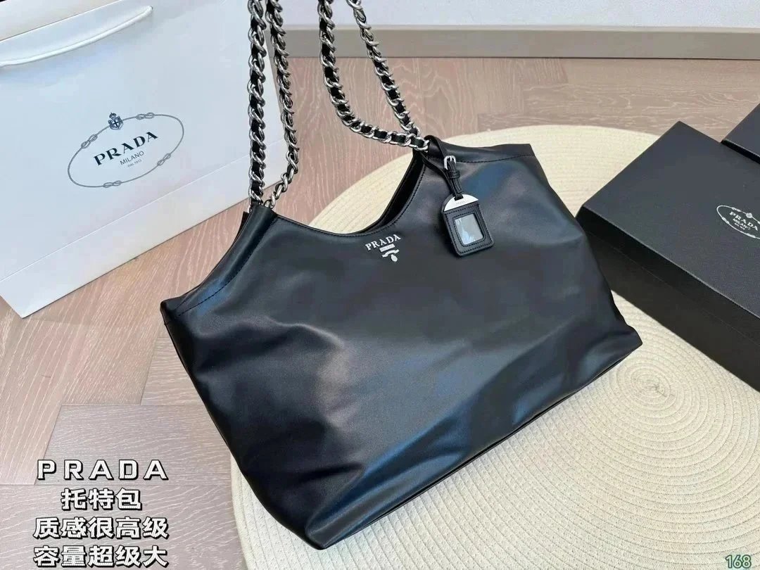 Prada Soft Calf Chain Tote - Black Totes, Handbags