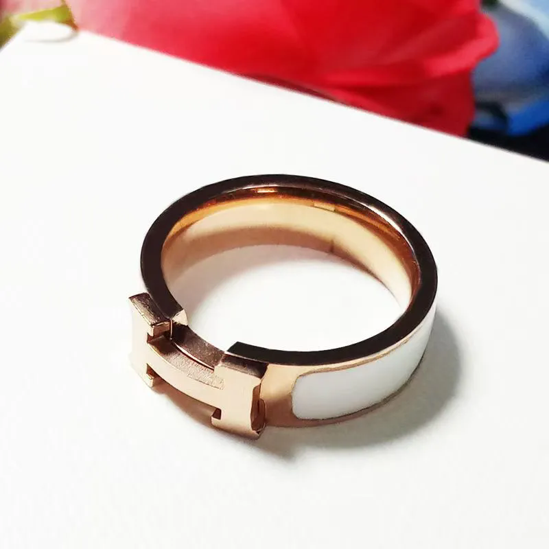 Stainless Steel White Enamel 18K Rose Gold Band Ring For Women