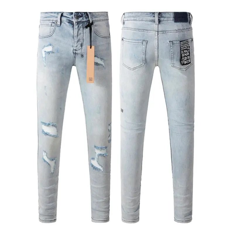 Men's Light Blue Ripped Skinny Jeans with Patch Design