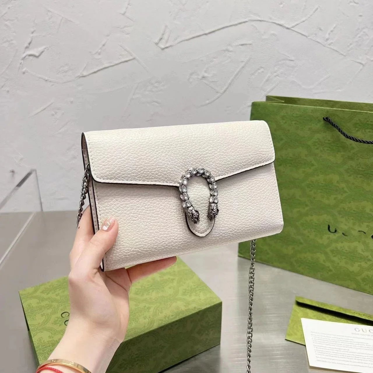 Gucci White Leather Dionysus Bag with Silver Chain