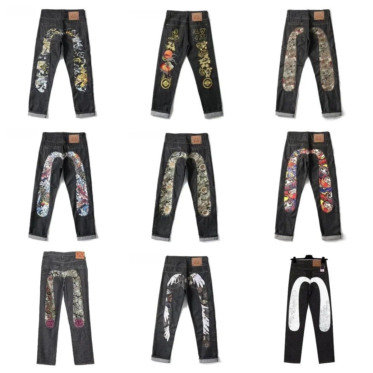Embroidered Denim Pants with Japanese Art Design