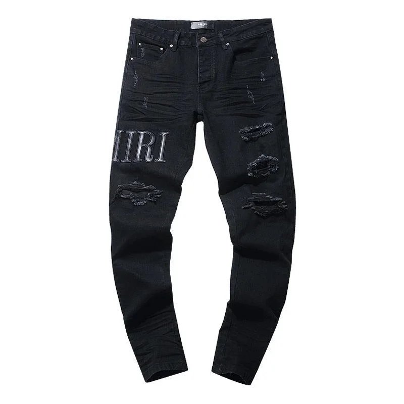 Ripped Black Denim Jeans for Men with Bold Logo Design