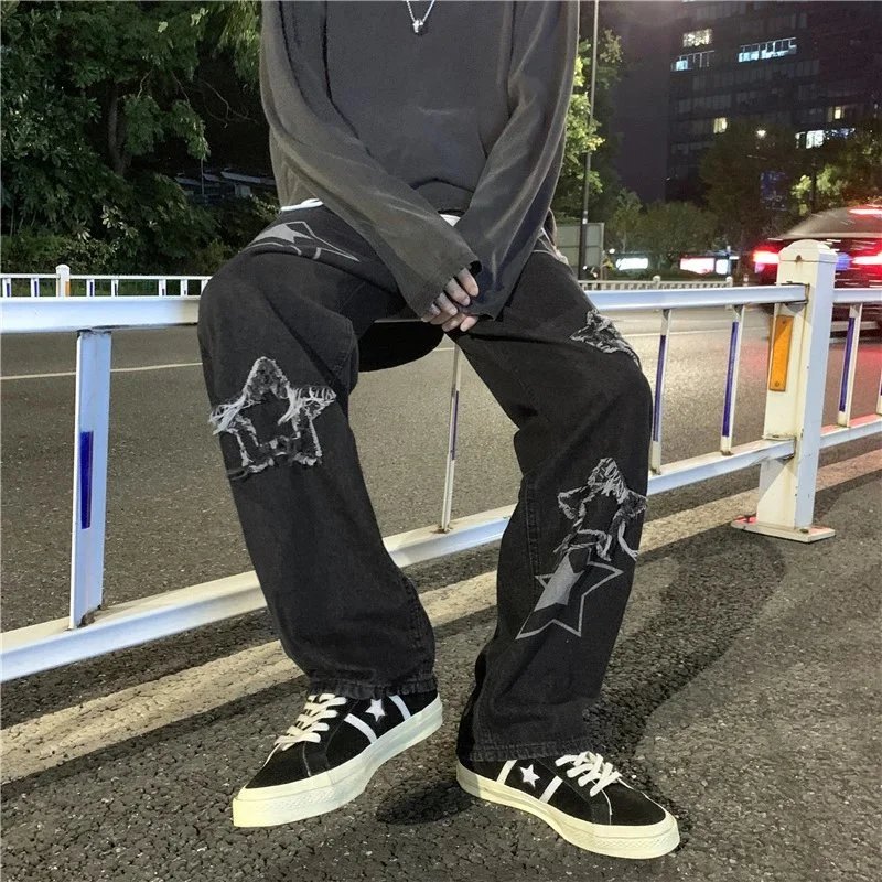 Ripped Star Print Black Denim Pants for Men Streetwear Fashion