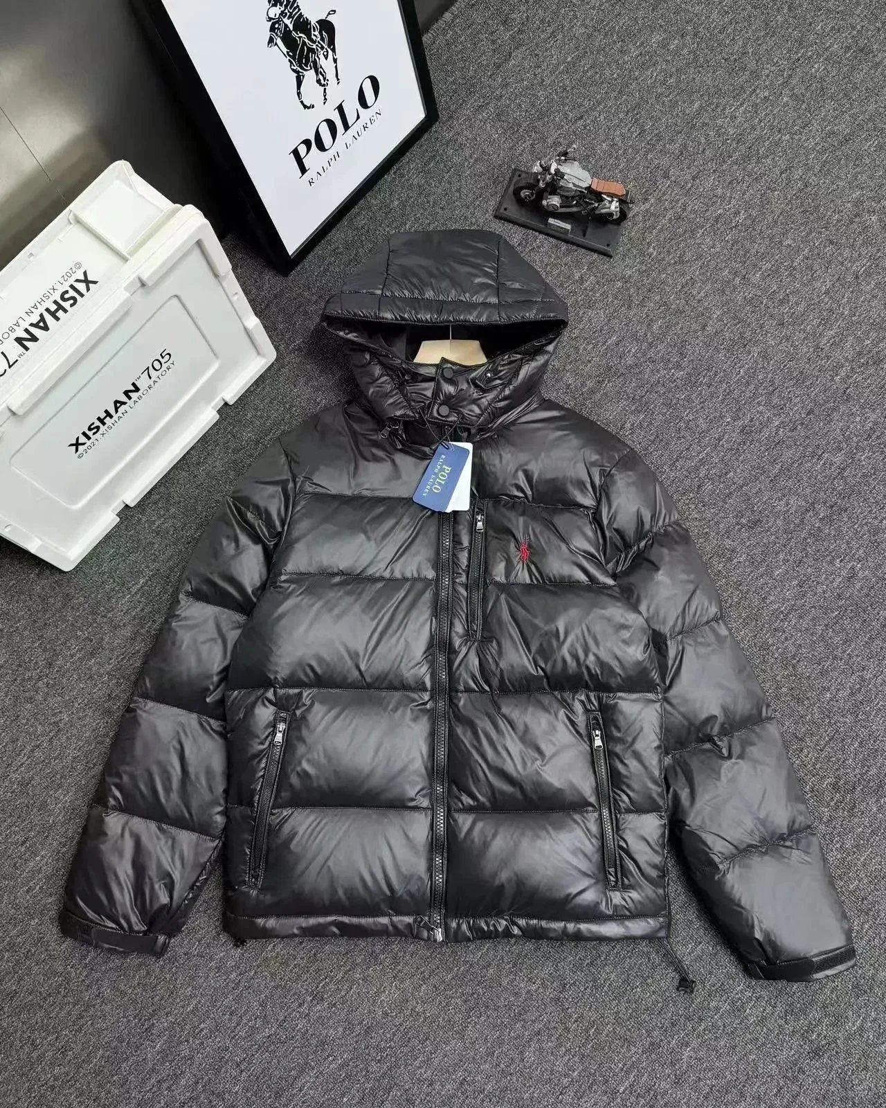 Men's Black Hooded Down Jacket with Red Pony Logo