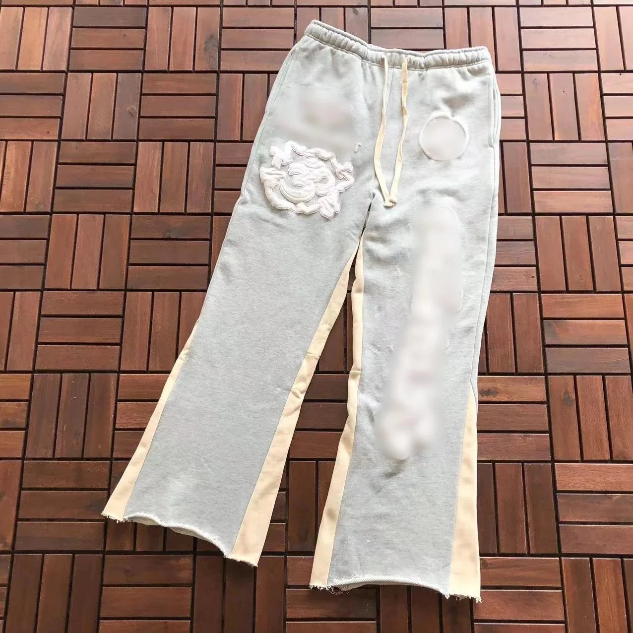Gray Embroidered Sweatpants with Cream Side Stripes