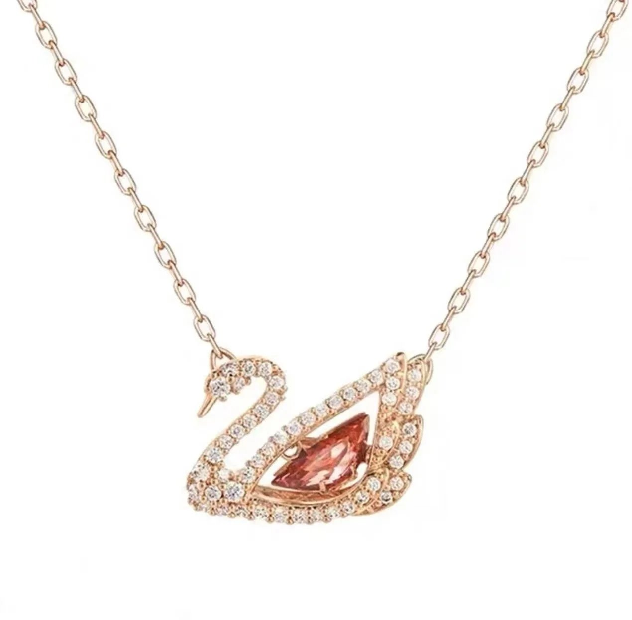 Rose Gold Swan Necklace with Pink Crystal Pendant