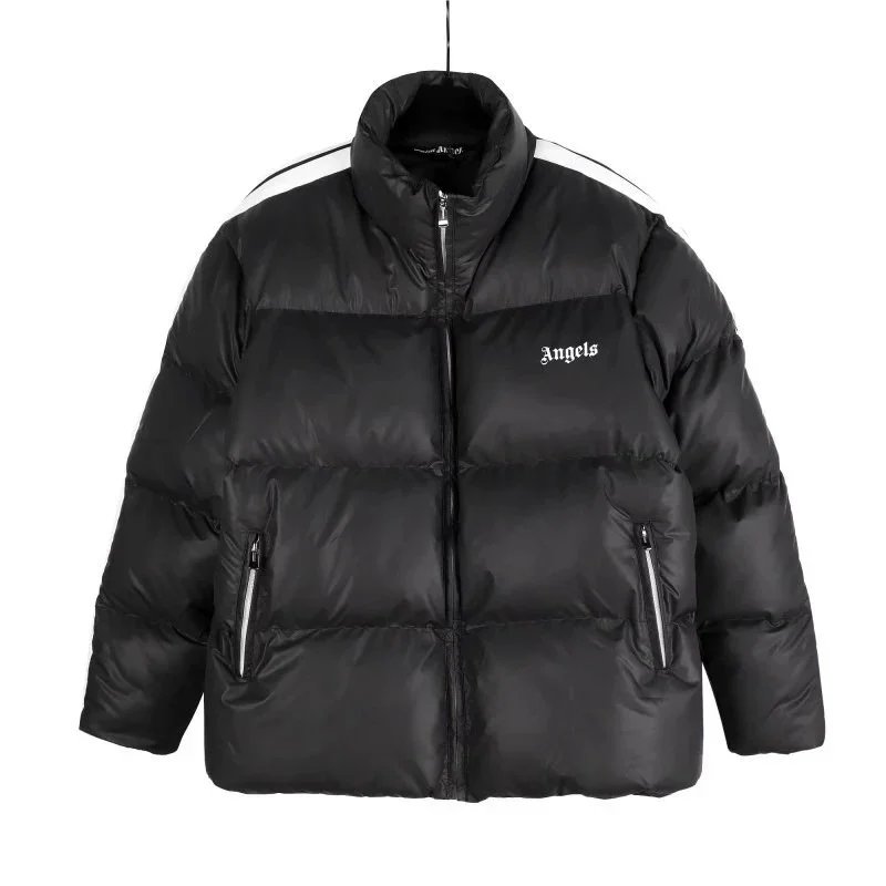 Black Puffer Jacket with Embroidered Logo and Zippered Pockets