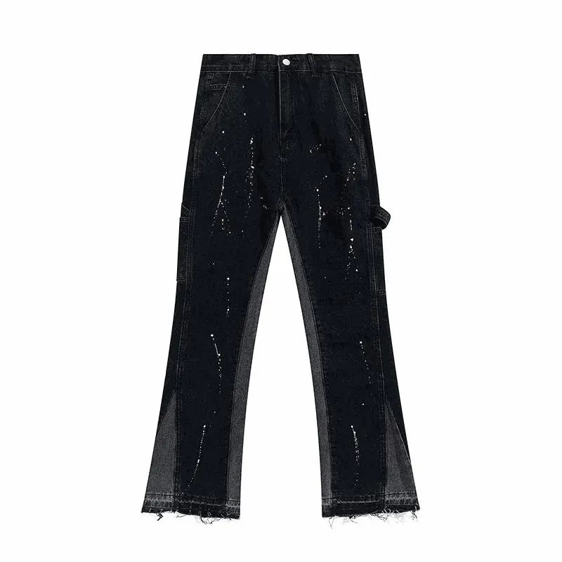 Black Distressed Denim Flare Jeans with Mesh Panels