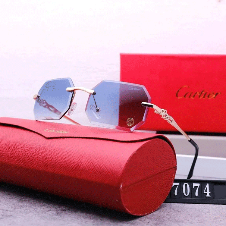 Cartier Rimless Octagonal Sunglasses with Gold Frame and Blue Gradient Lenses