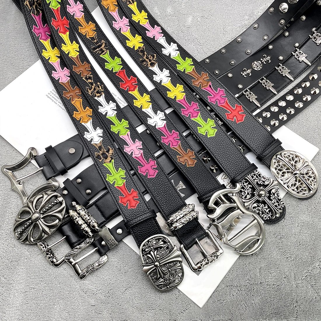 Colorful Cross Pattern Leather Belt with Vintage Metal Buckle for Men Women