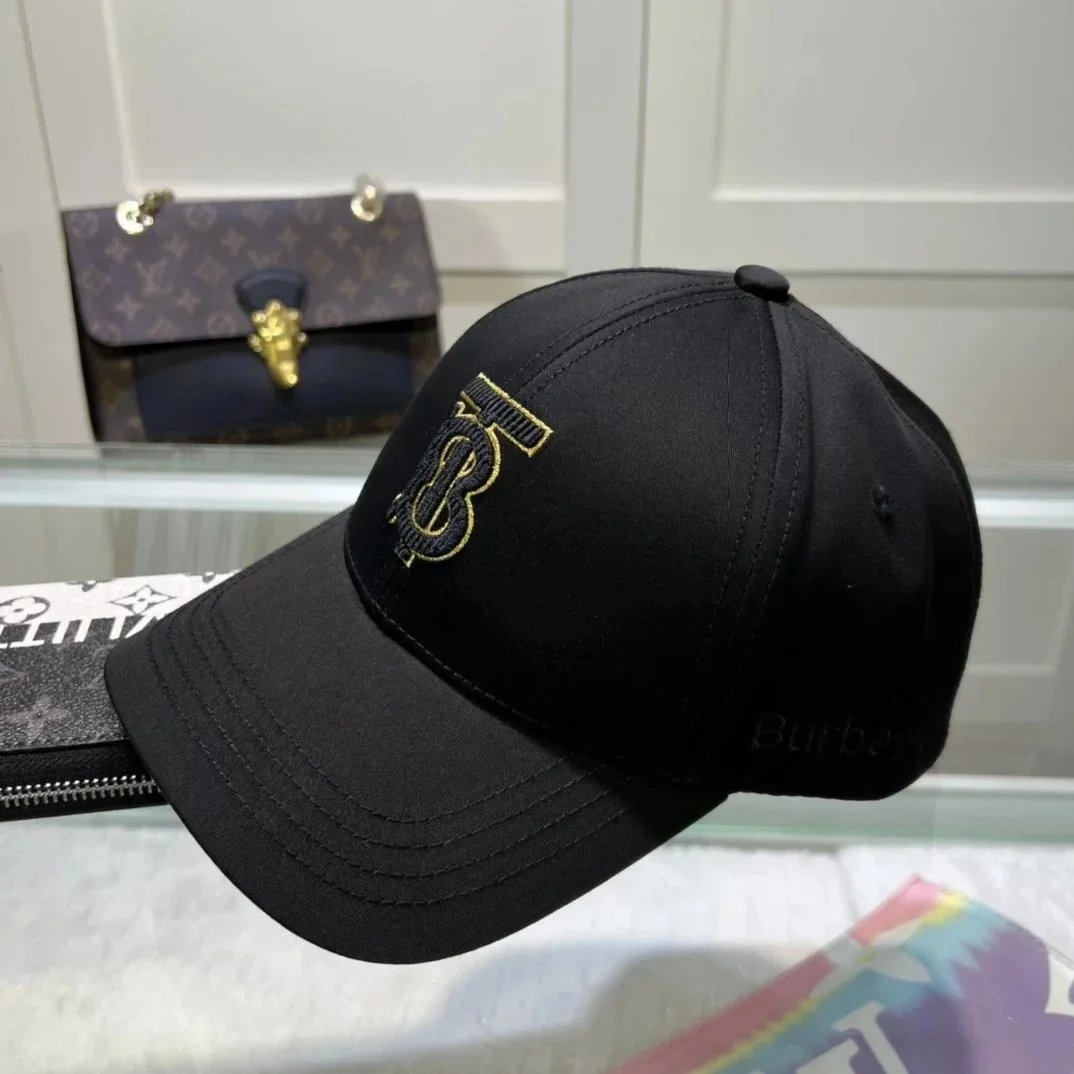 Burberry Black Baseball Cap with Gold Logo Embroidery