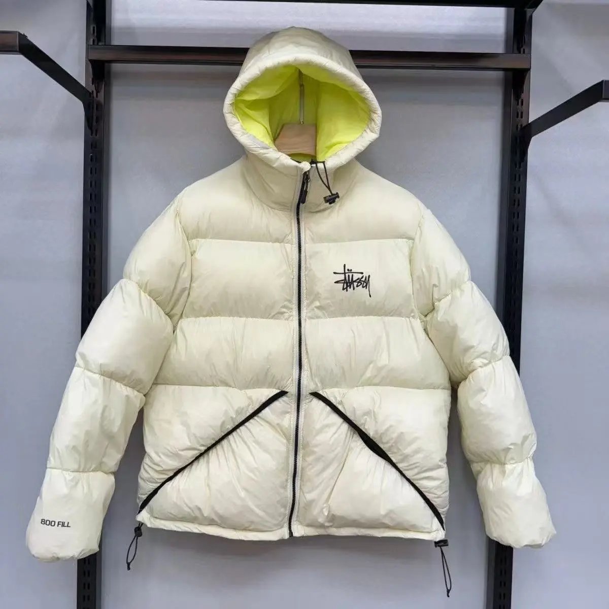 Stussy Cream Puffer Jacket with Hood and 800 Fill Power
