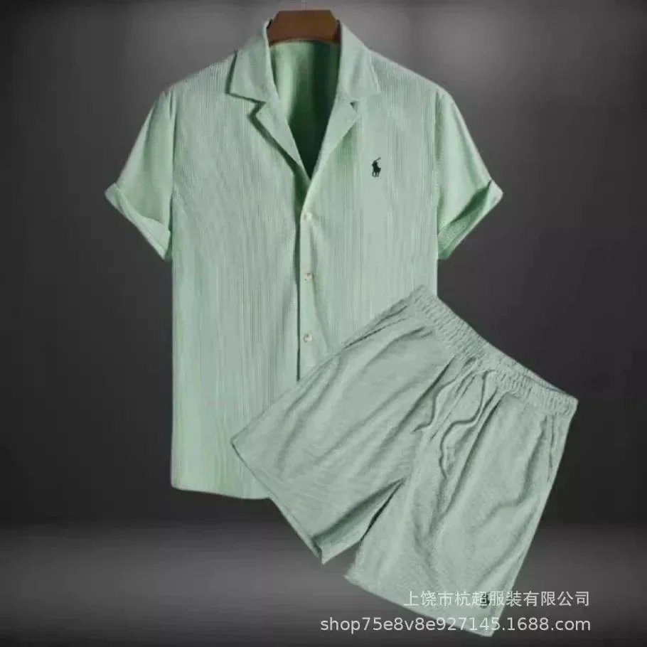 Mens Light Green Striped Cotton Pajama Set Short Sleeve Shirt and Shorts