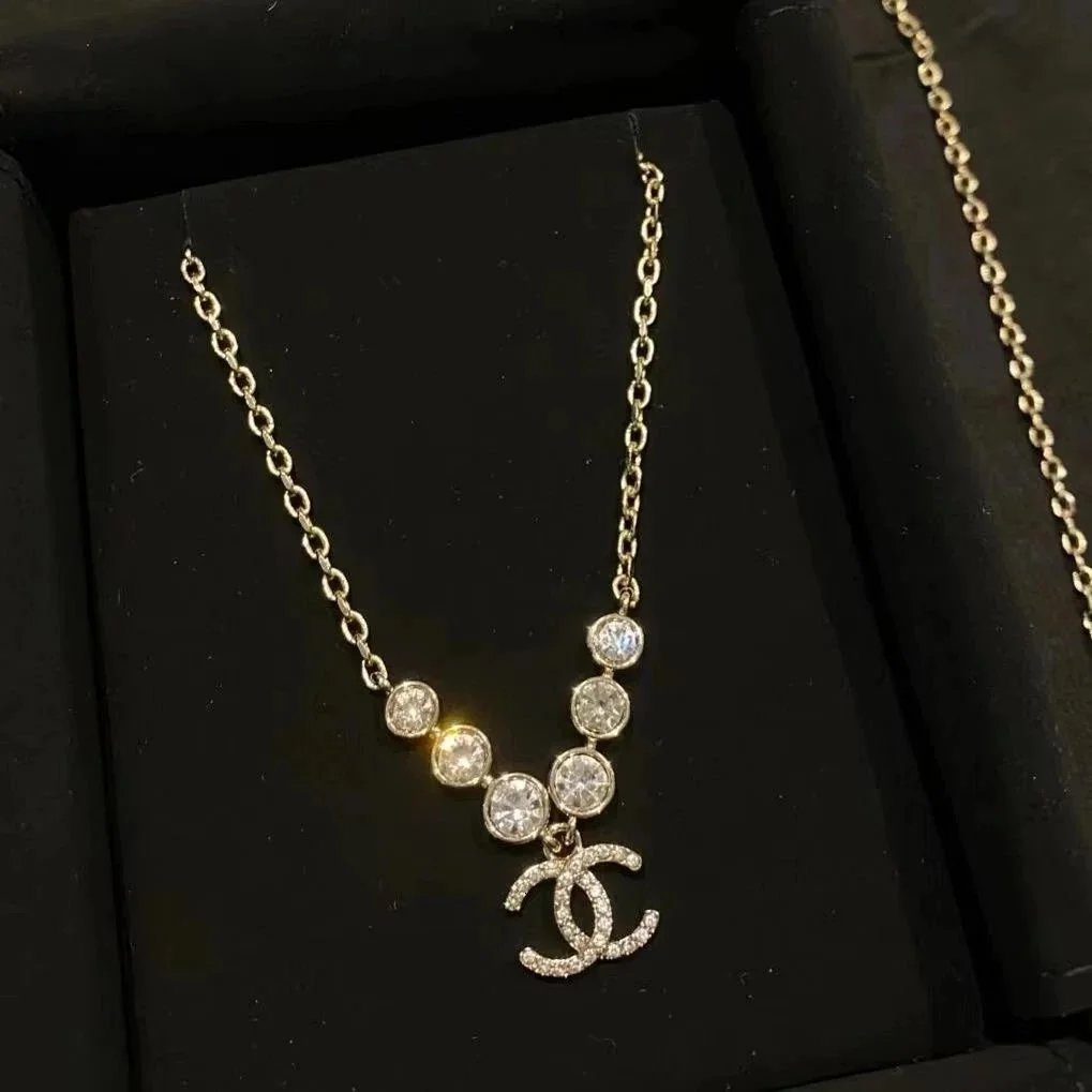 Chanel Crystal Pendant Necklace Gold Chain Jewelry