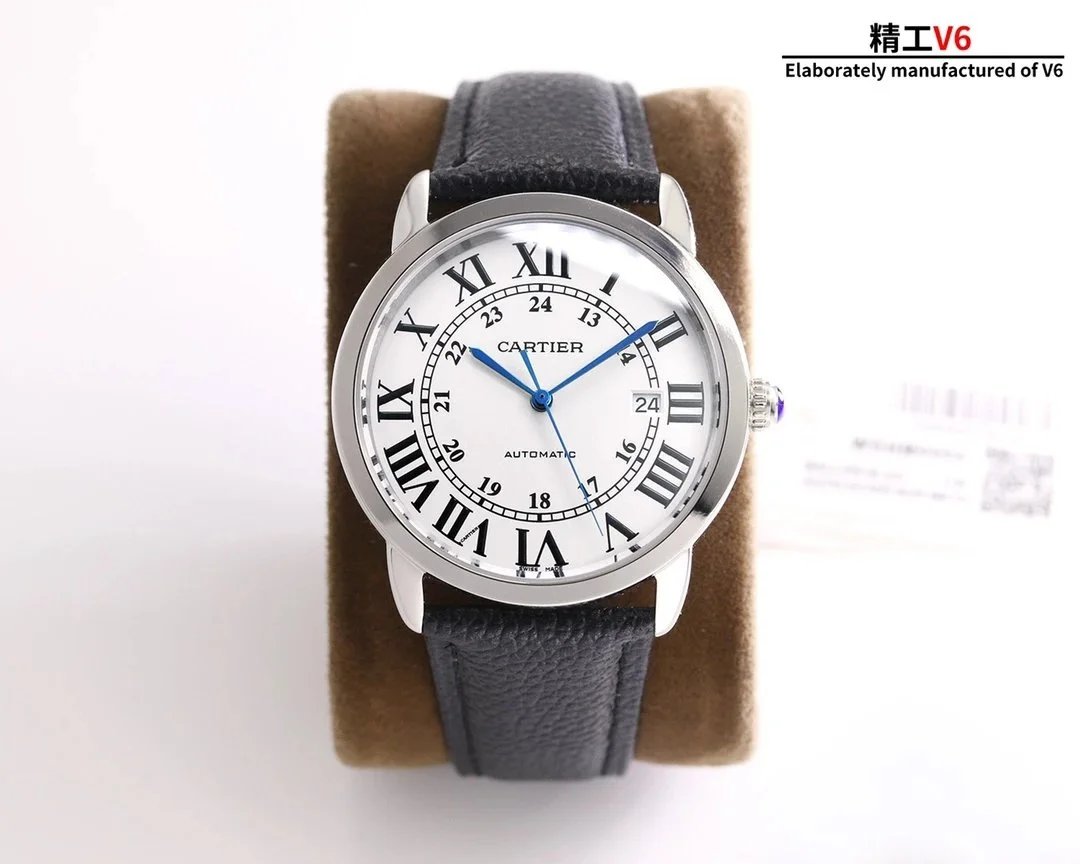 Cartier Automatic Watch with Roman Numerals and Blue Hands