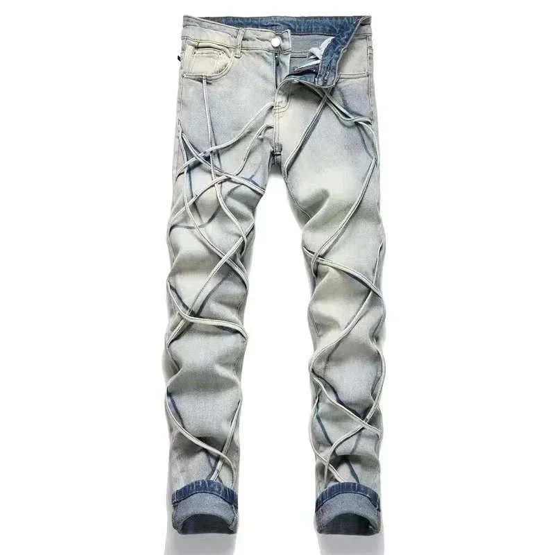Men's Fashion Denim Jeans with Lace-Up Design