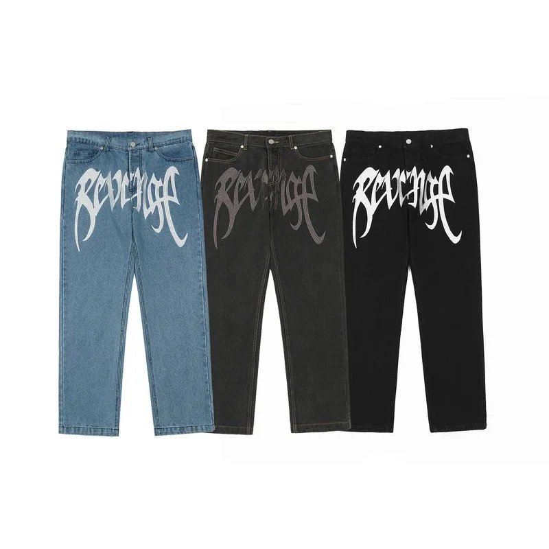 REVENGE Logo Denim Pants for Men and Women