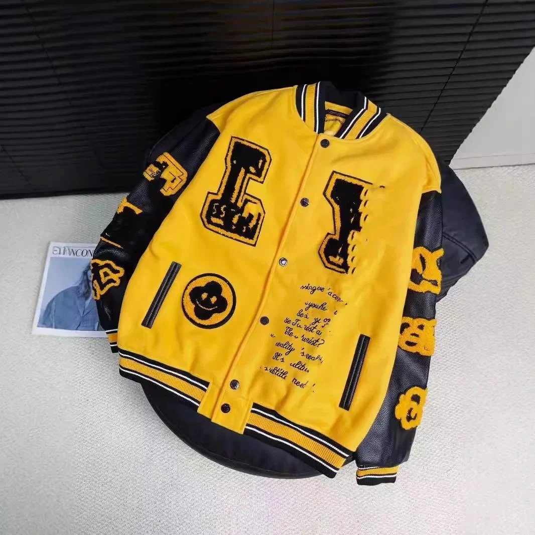 Yellow and Black Letterman Jacket with Embroidered Logo and Quotes