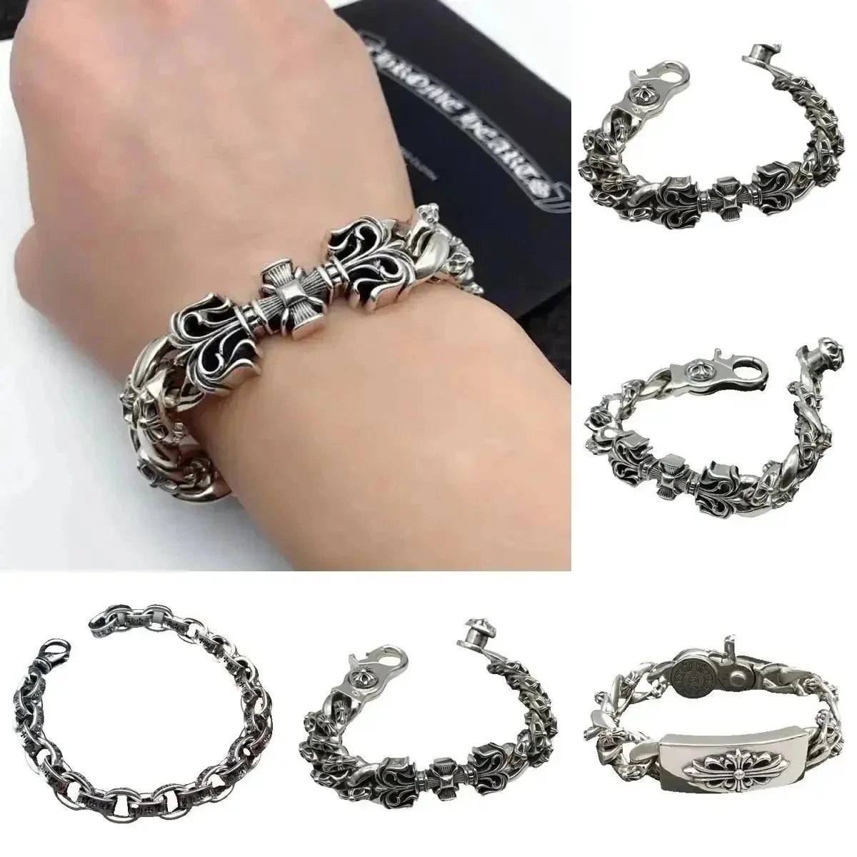 Men's Gothic Cross Chain Bracelet Silver Tone Punk Jewelry
