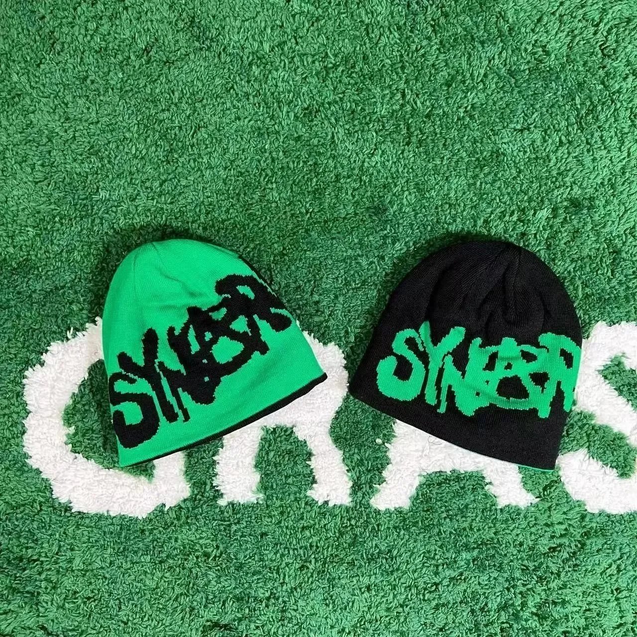 Synister Knit Beanie Hat Green and Black Graffiti Style
