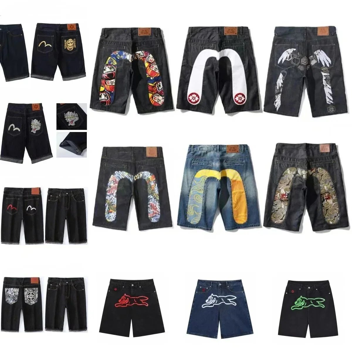 Japanese Denim Shorts with Embroidered Art Design