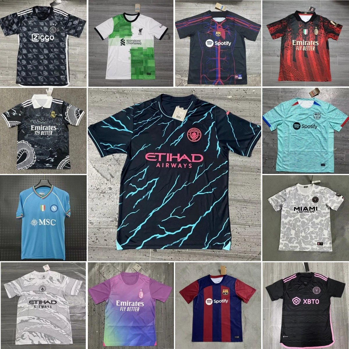 Manchester City 2023-2024 Third Jersey Etihad Airways Black Blue Lightning Design