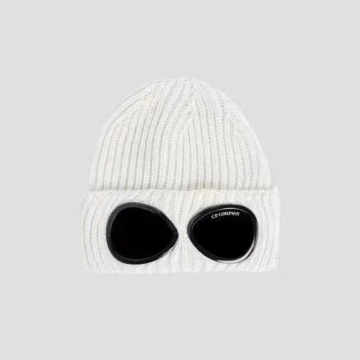 C.P. COMPANY White Knit Beanie with Black Lens Detail
