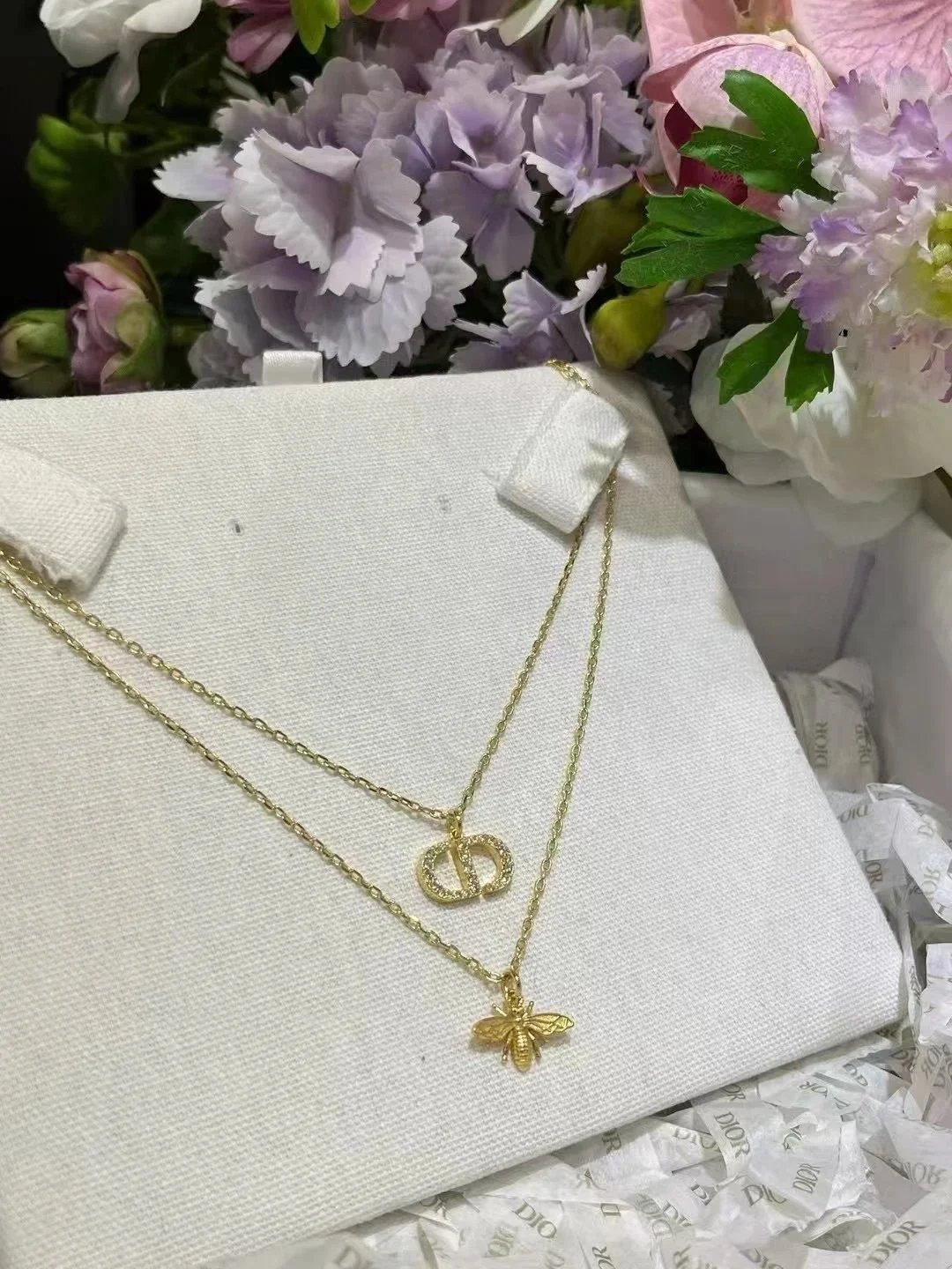 Dior Gold Bee Pendant Necklace with CD Logo Charm