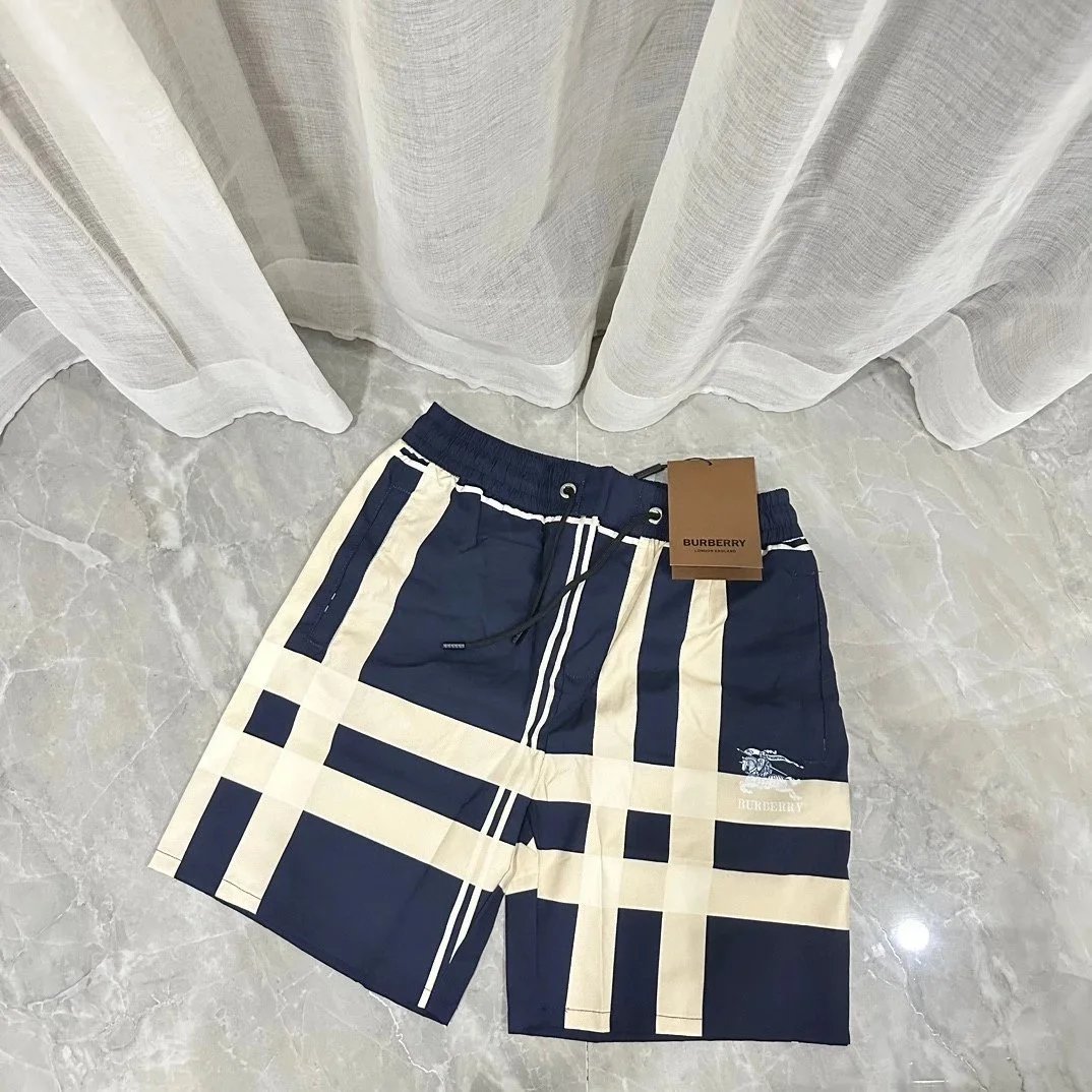 Burberry Check Pattern Men's Shorts Navy Blue and Beige