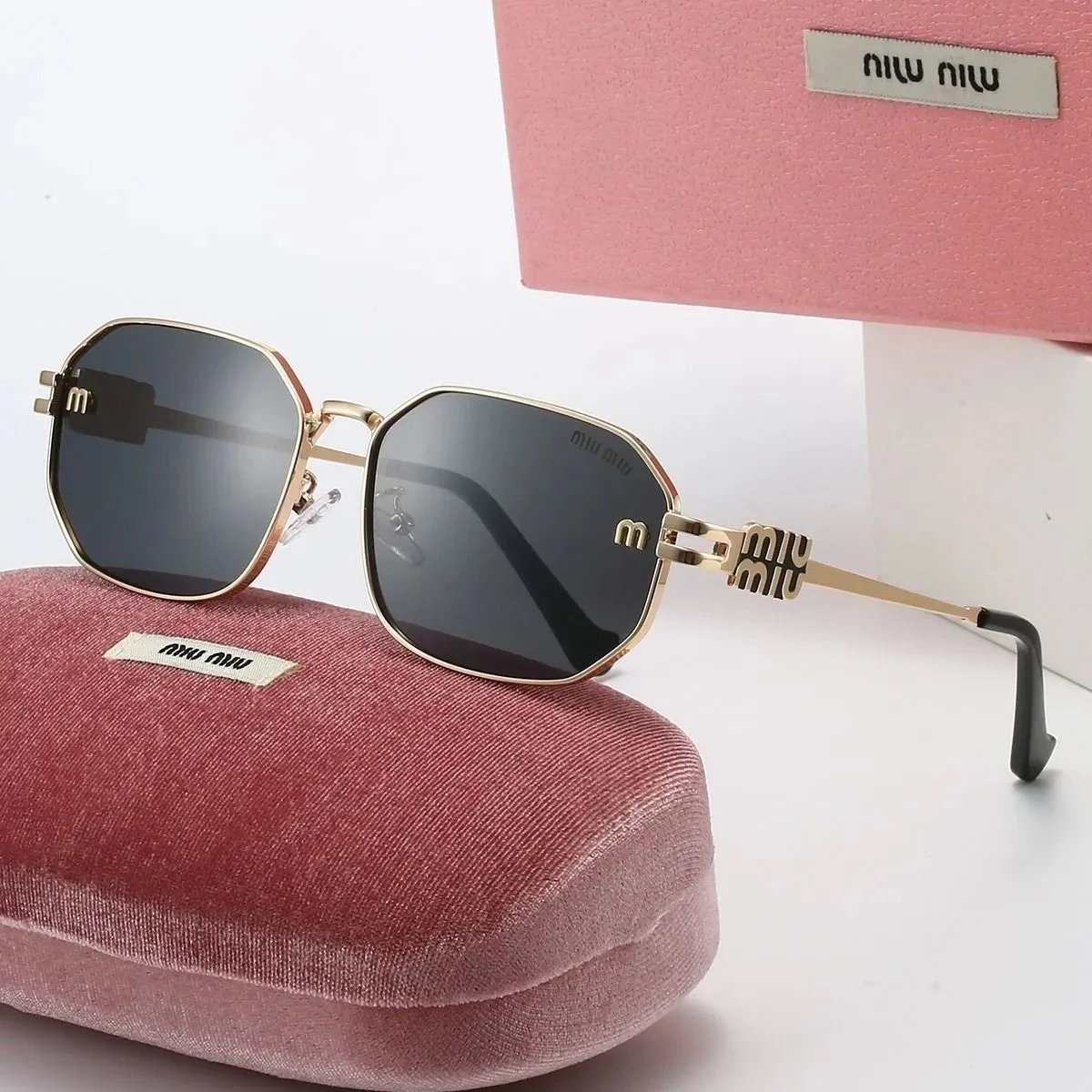 Miu Miu Gold Frame Square Sunglasses with Logo Detail
