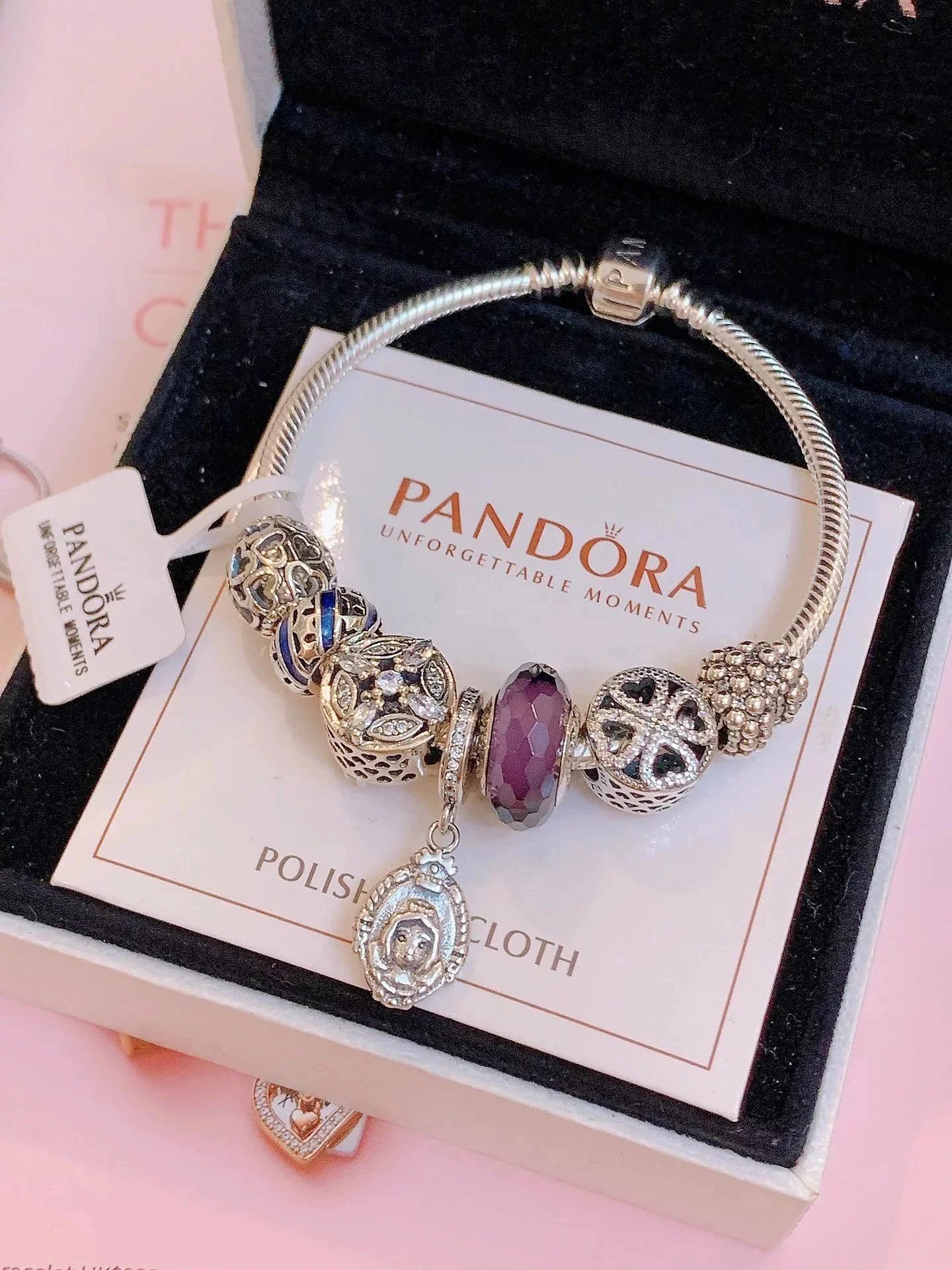Pandora Silver Charm Bracelet with Purple Crystal and Elegant Charms