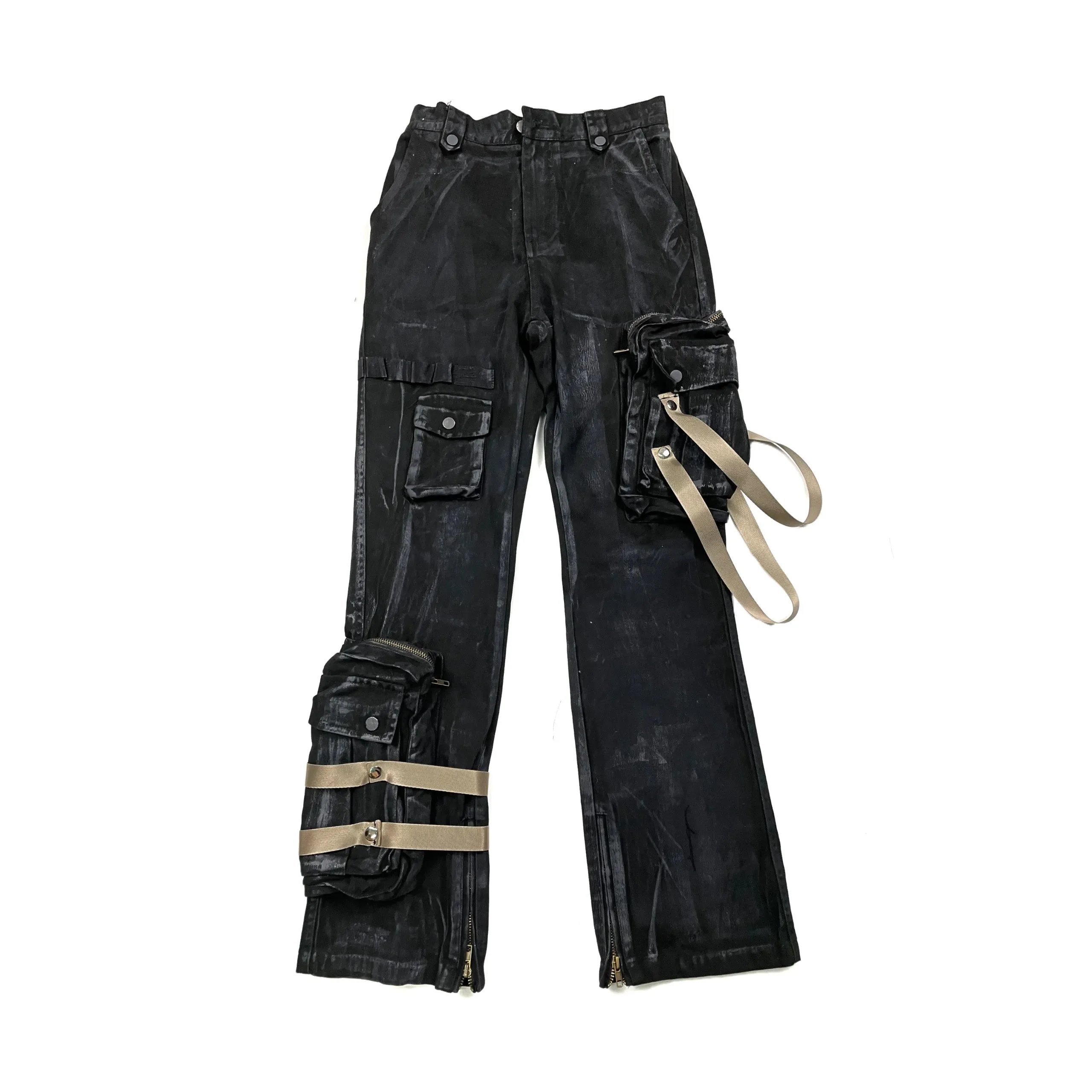 Black Cargo Pants with Multiple Pockets and Straps