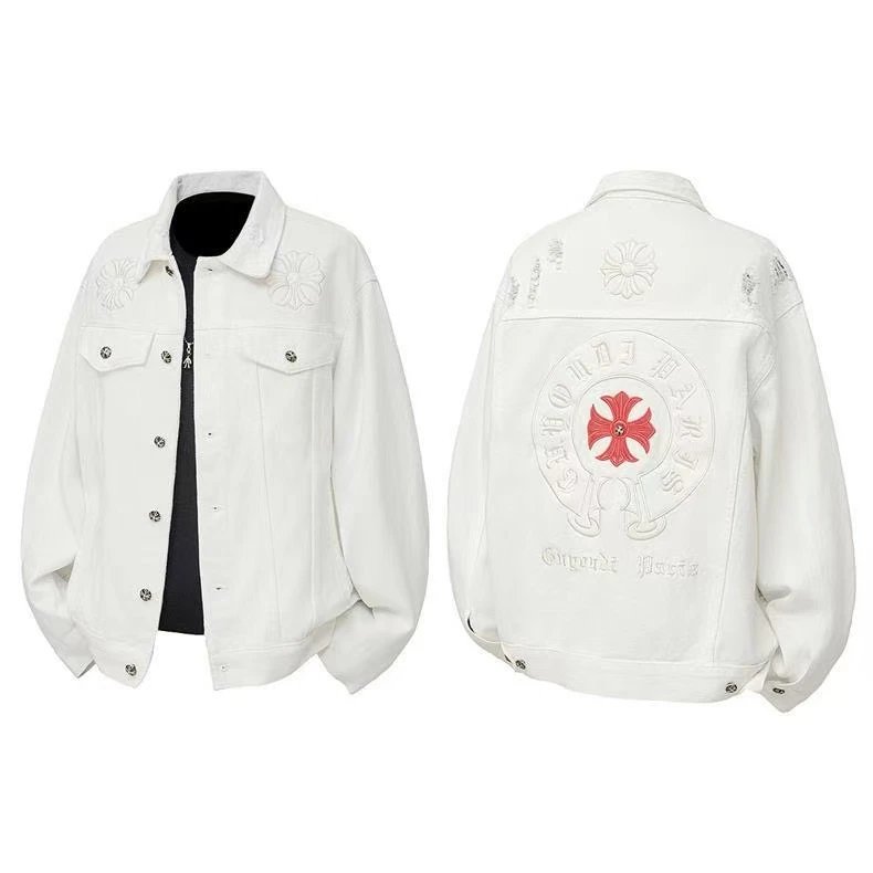 White Embroidered Denim Jacket with Red Cross Logo