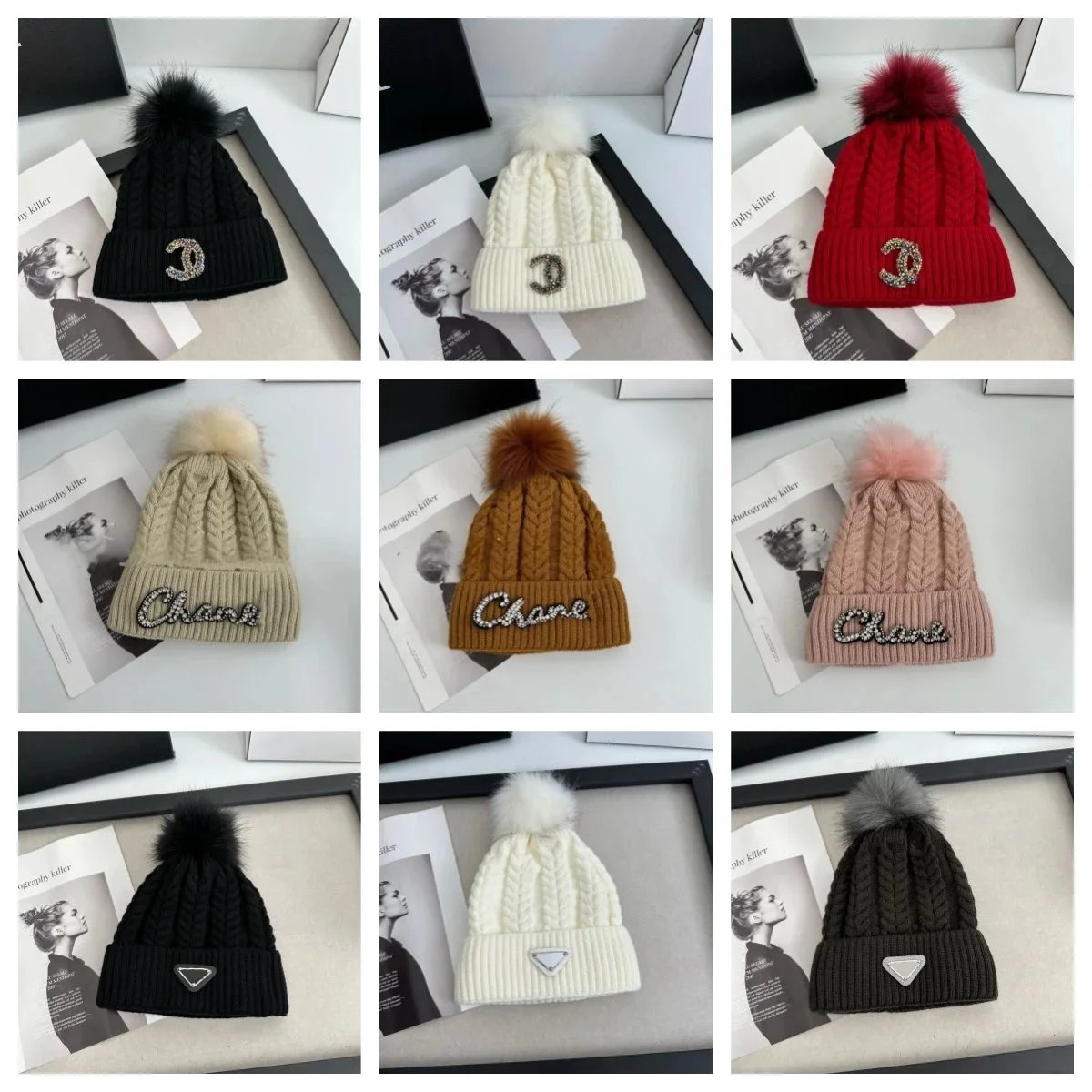 Chanel Logo Knit Beanie Hat with Pom Pom Winter Warm Headwear