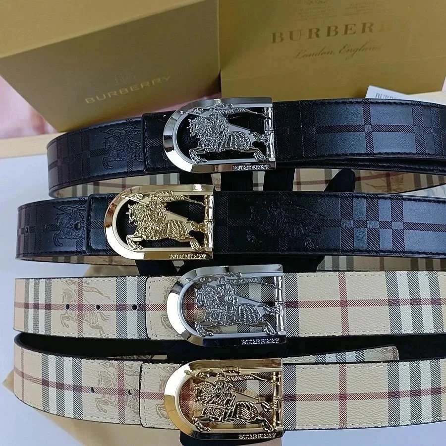 Burberry Check Pattern Leather Belt with Equestrian Knight Buckle