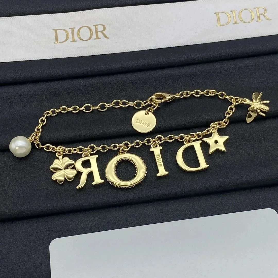 Dior Gold Charm Bracelet with Letter Charms and Pearl