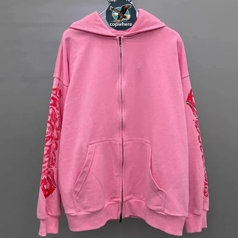 Pink Zip-Up Hoodie with Red Patterned Sleeves