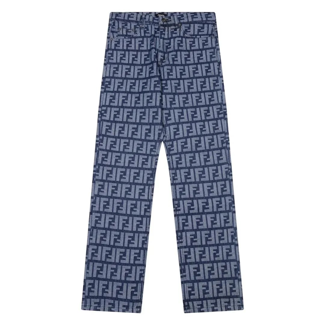 Fendi FF Logo Print Denim Pants Blue