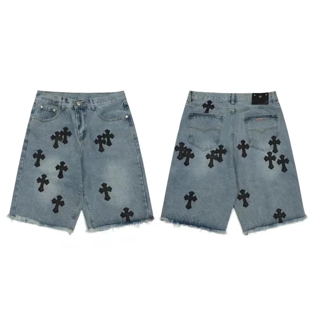 Denim Shorts with Black Cross Patches