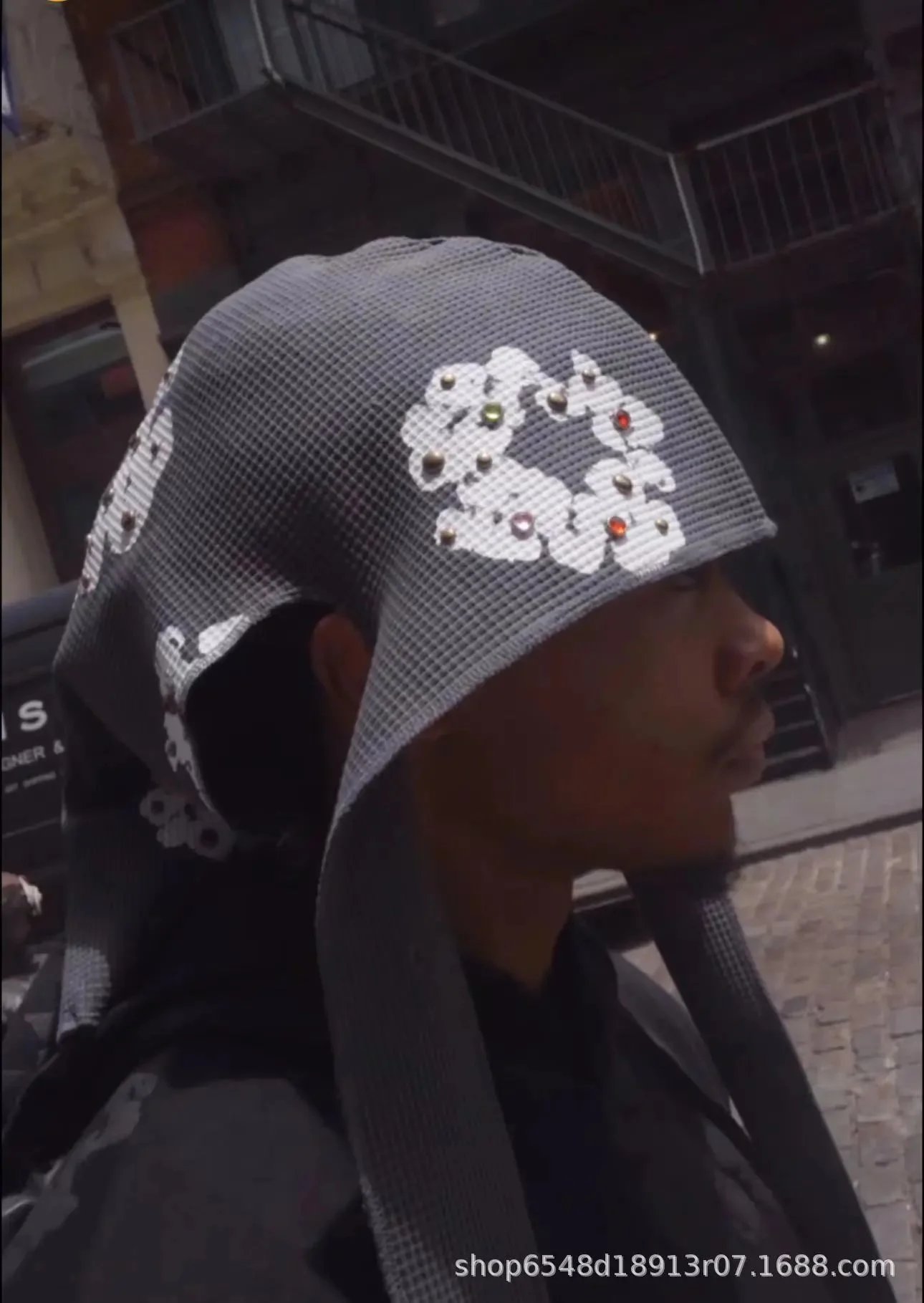 Stylish Gray Knit Bucket Hat with Embellished Floral Design