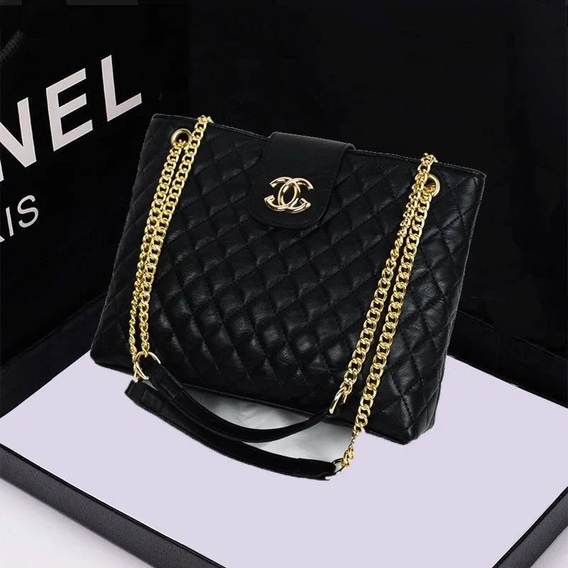 Classic Black Quilted Leather Shoulder Bag with Gold Chain
