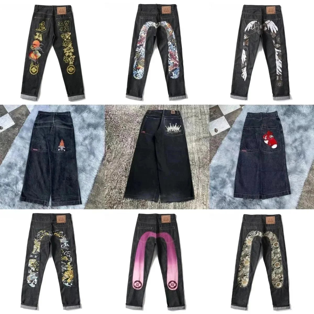 Custom Embroidered Denim Pants with Japanese Tattoo Art