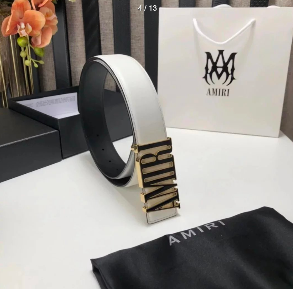 AMIRI White Leather Belt with Gold Logo Buckle