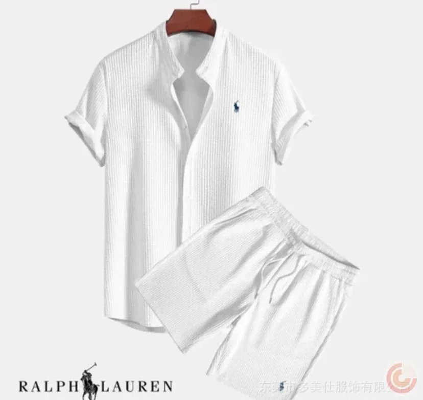 White Men's Short Sleeve Shirt and Shorts Set