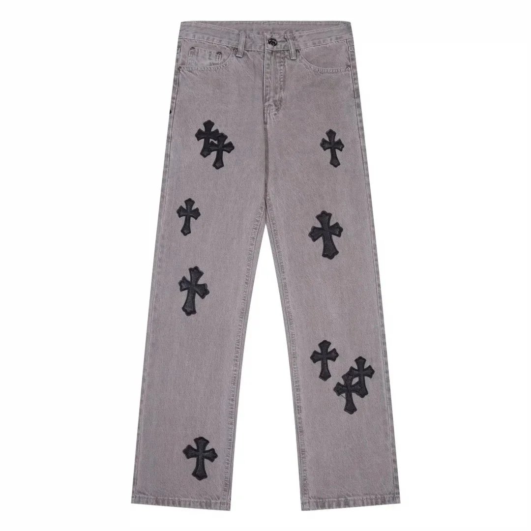 Gray Cross Embroidered Denim Pants for Men