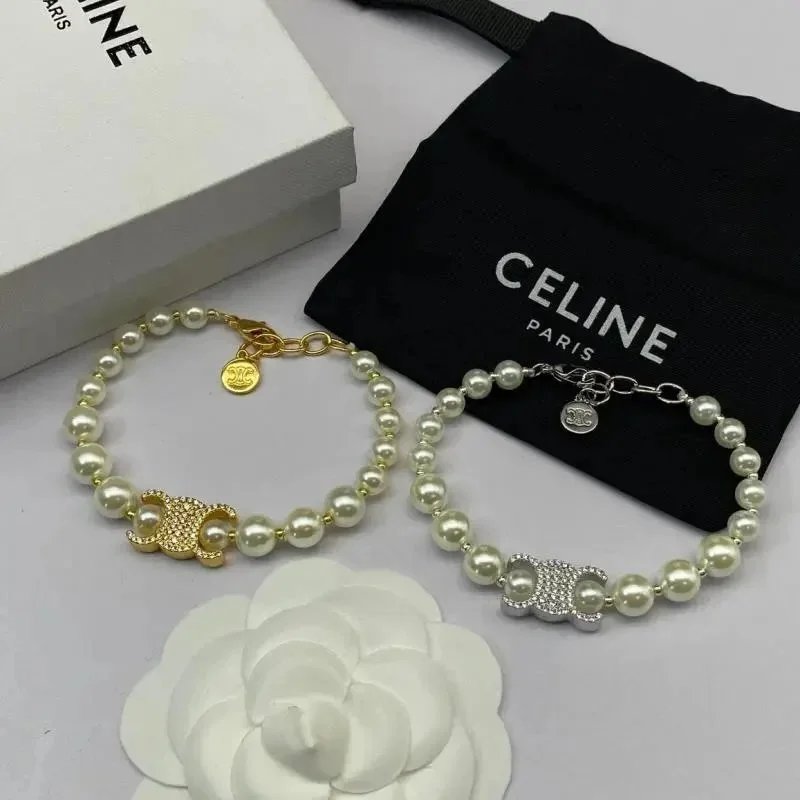 Celine Pearl Bracelet with Gold and Silver C Logo Charm