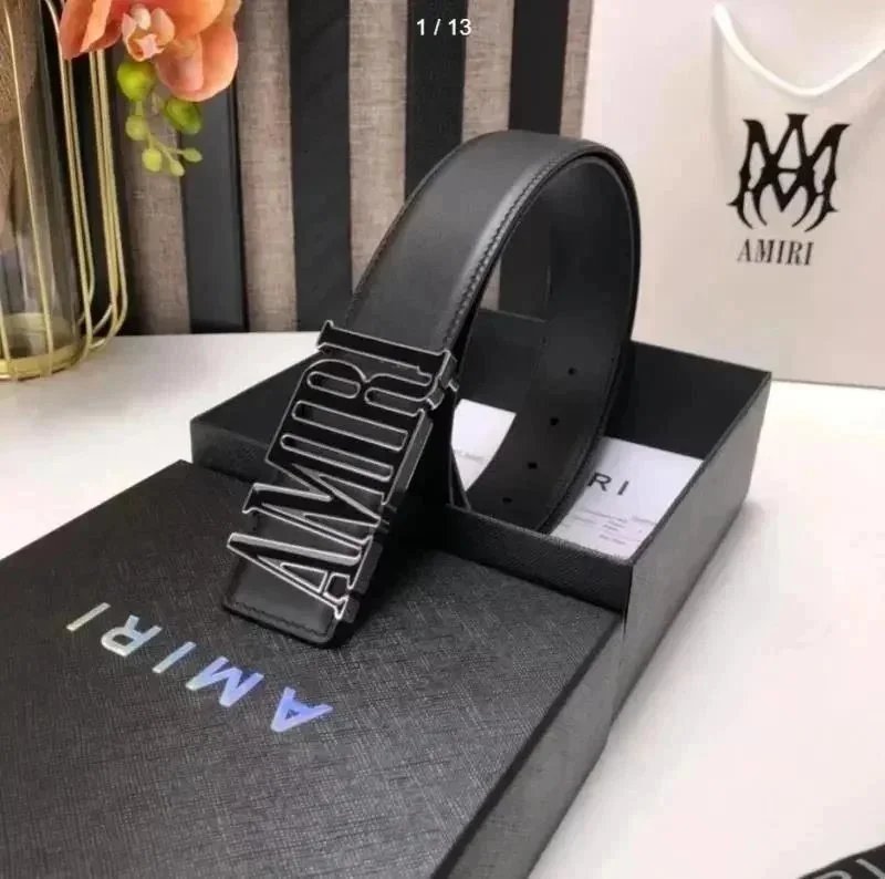 AMIRI Black Leather Belt with Logo Buckle