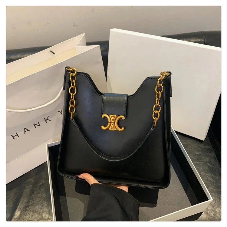 Luxury Black Leather Shoulder Bag with Gold Chain and Logo Clasp