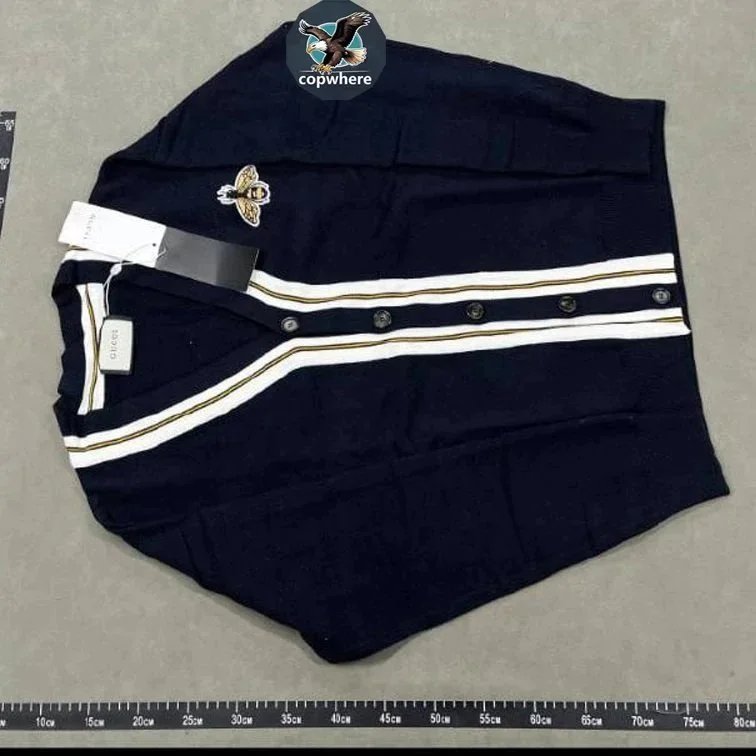 Gucci Navy Blue Striped Button-Up Shirt with Bee Embroidery