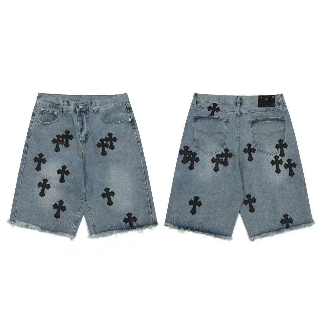 Light Blue Denim Shorts with Black Cross Patches